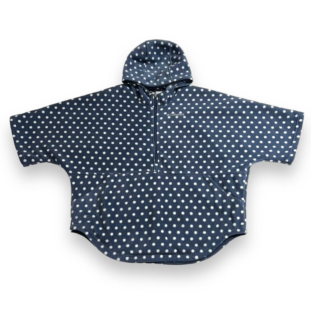 Columbia Girls Fleece Poncho Hooded Pullover Pockets Blue Polka Dots Medium